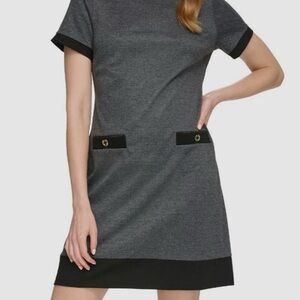 Tommy Hilfiger Womens Gray Contrast-Trim Herringbone Shift Dress Size 14 NWT